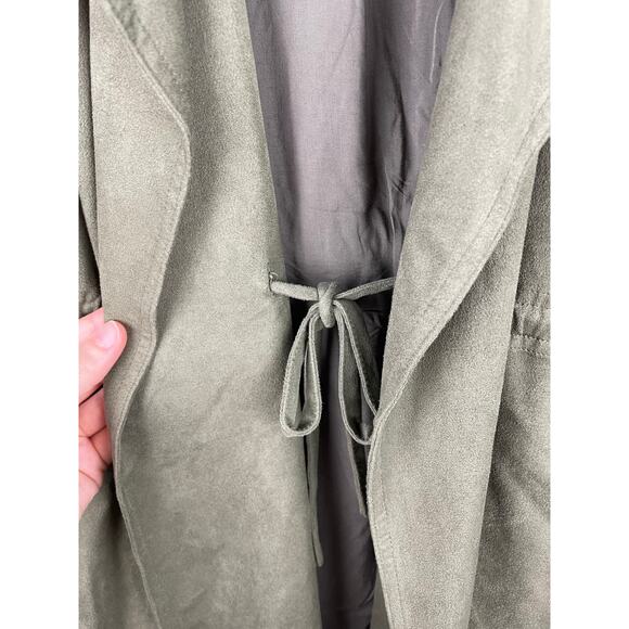 Miss Me Army Green Faux Suede Long Jacket Tie Front Boho Small Olive Utility - Picture 3 of 9